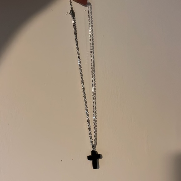 Black Onyx Cross Charm Necklace Silver Chain NWT - Picture 5 of 6